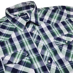 Wrangler Western Shirt Mens XL Green Plaid Pearl Snap Short Sleeve 76204PP